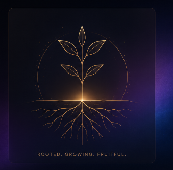Illustration of a young tree with visible roots above the words Rooted, Growing, Fruitful